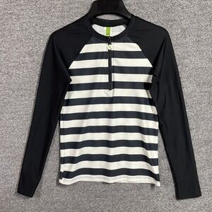 Next by Athena Swim Top Womens S Rash Guard Black White Striped Zip